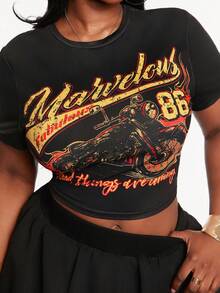 Radiana Plus Size Women's Cherry Pattern Round Neck Slim Fit Tee&Bubble Elastic Waist Mini Skirt,Black,Summer,Casual,Bussines,Night Out Club Western Wear - Black - View 3