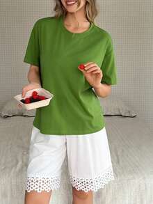 DAZY Women's Solid Color Round Neck Drop Shoulder Short Sleeve Casual Pajama Set, Summer - Green - View 5