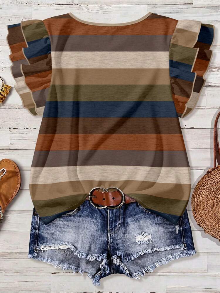 Plus Size Women Summer Casual Striped Cap Sleeve Round Neck Blouse Casual Blouse For Women  Country Style For Women Beach Outfit For Women  Summer Outfits For Women Summer Top