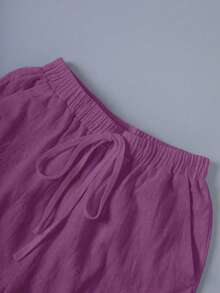 SHEIN EMERY ROSE CURVE Plus Size Washed Cotton Cinched Waist Backpocket Button Decor Short Casual Top - Purple - View 5