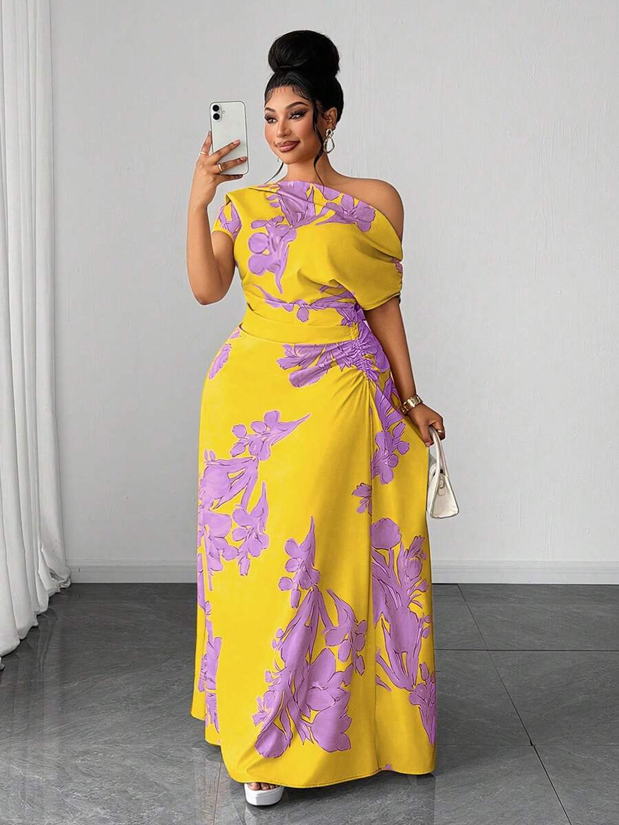 Maweii Plus Size Green Floral Print Ruched Waist Slit Shoulder Casual Vacation Dress - Multicolor - View 1