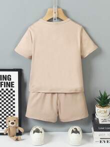 SHEIN Cartoon Print Crew Neck Short Sleeve T-Shirt And Shorts Set, Suitable For Summer - Camel - View 2