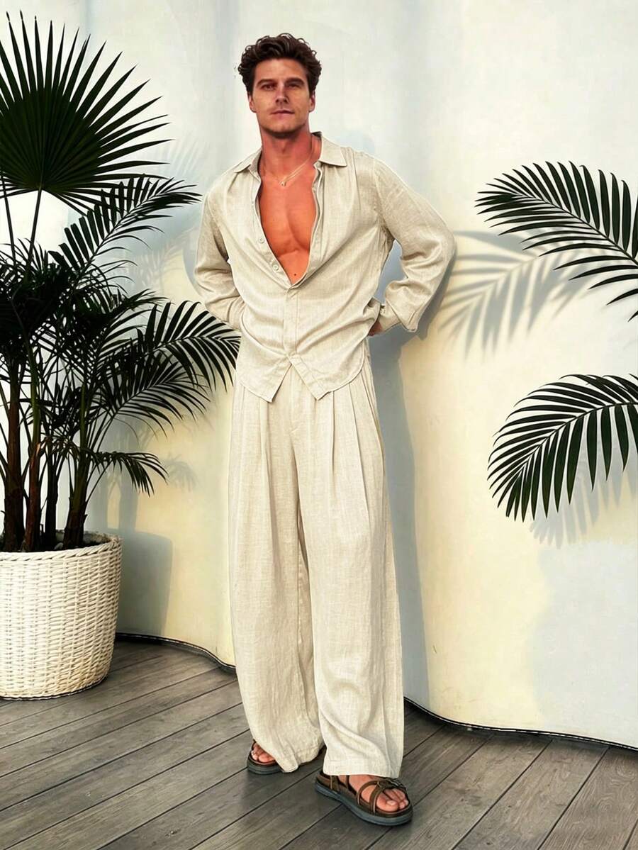 Manfinity Dauomo 男士时尚单排扣长袖衬衫和休闲口袋裤套装