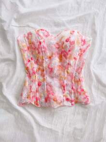 Soleia 女款平口蕾絲雙層修身束腰上衣，鏤空刺繡白色花卉，適合夏季休閒、派對、野餐穿搭 - 綠色 - 查看 4