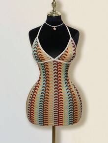 SHEIN PETITE CURVE 大码女式彩色提花针织撞色罗纹饰边露背深V领迷你沙滩裙，波西米亚风格 - 彩色 - 查看 6