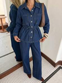DAZY Women's Casual Washed Waist Belt Pocket Shirt & Wide Leg Jeans 2-Piece Set, Spring/Summer - Dark Wash - View 1