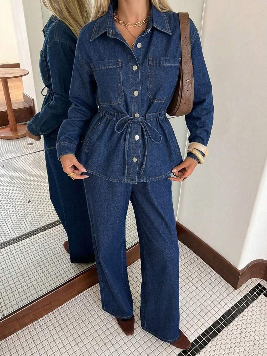 DAZY Women's Casual Washed Waist Belt Pocket Shirt & Wide Leg Jeans 2-Piece Set, Spring/Summer - Dark Wash - View 1