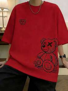 SHEIN 2件/套 青少年男童休閒可愛卡通熊印花短袖T恤與黑色短褲套裝，舒適百搭，適合日常穿著、上學、外出、戶外運動、音樂節、假期、海邊度假、夏季 - 紅色 - 查看 2