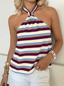 SHEIN EZwear 女款優雅藍白條紋夏季度假無袖上衣，休閒極簡日常百搭酒紅杏色條紋印花上衣 - 彩色 - 查看 5