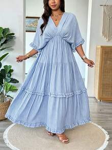 Vionelle Plus Size Women Light Blue Ruffle Hem Loose Long Dress, Spring/Summer Beach Vacation Vacation Boho - Blue - View 6