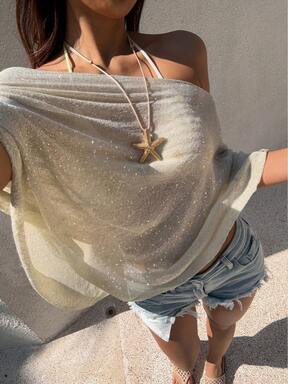 Sunnyshic Women's White Glitter Summer Casual Beach Holiday Vacation Loose Knit Shawl Cover Up,Asymmetrical Mesh Poncho Sheer Lightweight Y2k Aesthetic Top
