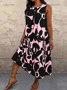 EMERY ROSE Plus Size Floral Print Round Neck Sleeveless Summer Dress - Pink - View 4