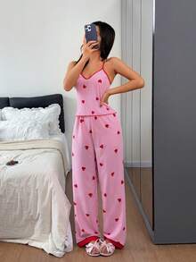 Napfluff V-Neck Striped Heart Print Camisole & Pants Pajama Set - Multicolor - View 4