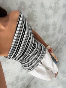 Glamine 女士夏季度假不对称领单肩褶皱修身条纹无袖上衣 - 黑與白 - 查看 3