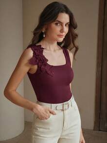Anewsta Fashionable Fitted Embroidered Seamless Ribbed Tank Top - Burgundy - View 4