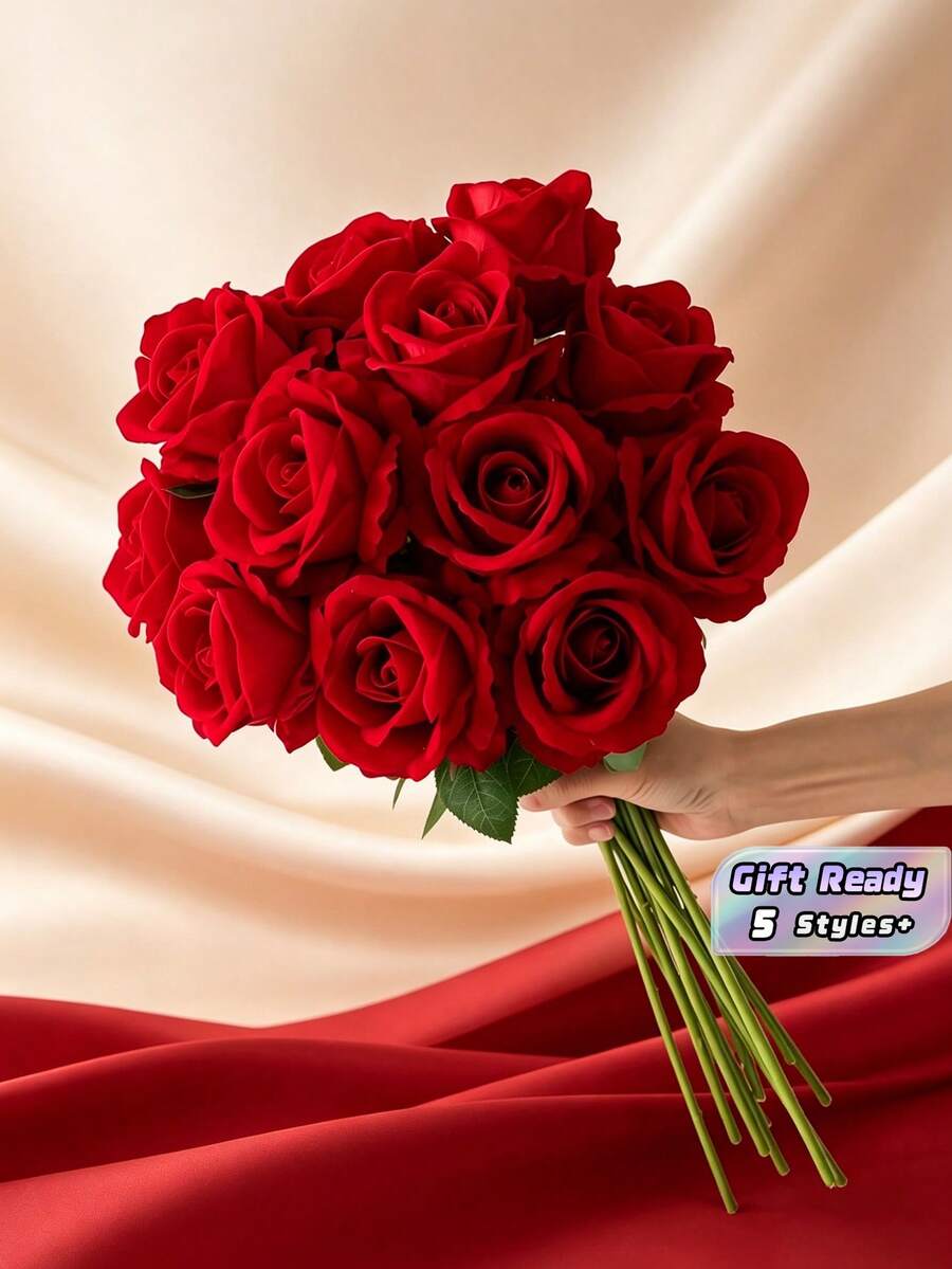 SHEIN 1PCS/3PCS/5PCS/10PCS/20PCS 1 束红玫瑰人造新娘花束,人造花插花装饰,假玫瑰人造玫瑰适用于情人节礼物、婚礼派对、家居装饰、生日礼物、室内外装饰、花瓶花卉装饰生日毕业 - 紅色 - 查看 1