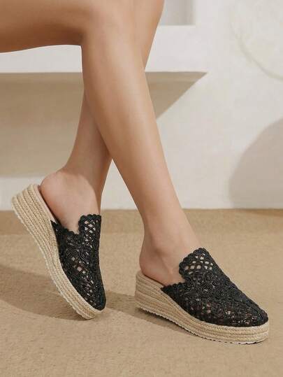 Styleloop Women's Hemp Rope Woven Straw Thick Heel Black Woven Backless Women's Slope Heel Shoes Mule Shoes Sandals Hemp Rope Shoes Boho Style Is Suitable For Going Out On Vacation Daily Dating Beach Seaside Travel Casual Style With Women's Shoes