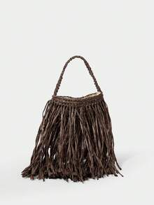 SHECARRY Ladies, Women Top Handle Bags , Fashionable, Simple, Elegant, Versatile, Straw,Tassel,For Beach,Vacation,Holiday,Summer, Seaside - Coffee Brown - View 3