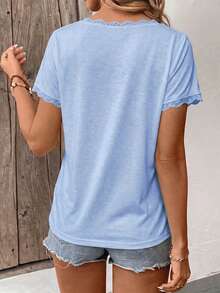 EMERY ROSE Women's Spring/Summer New Lace Trim V-Neck Short Sleeve T-Shirt - Blue - View 2