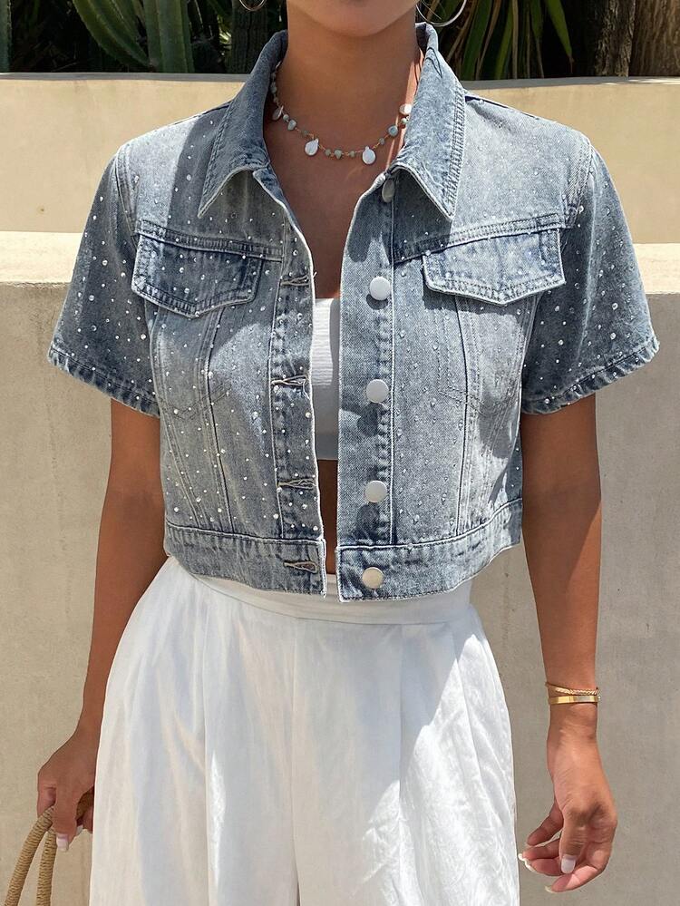Livesso Áo khoác cardigan denim nữ đính đá sáng bóng, phong cách casual streetwear cho đi chơi, mùa xuân hè - Màu xanh lam - Xem 5