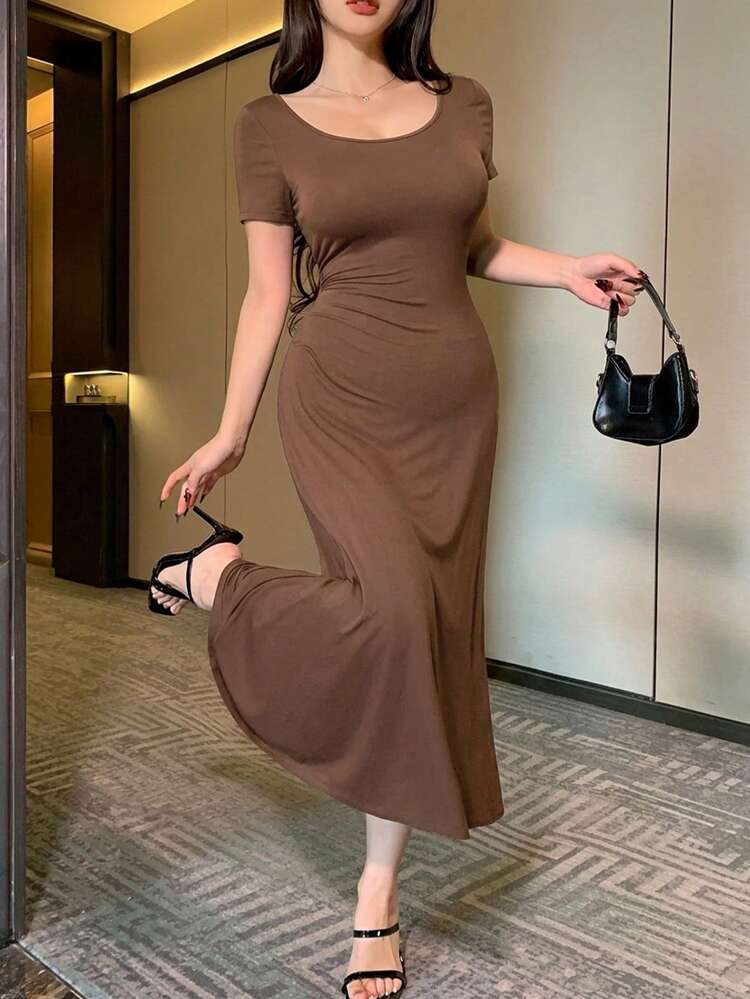 Solid Color Backless Bow Tie Midi Dress For Women