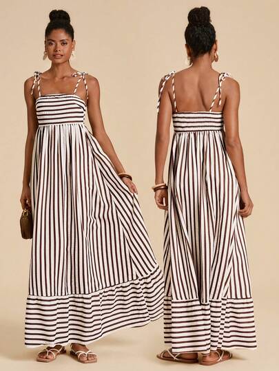 Travachic Women's Striped Ruffle Casual Party Long Strap Dress