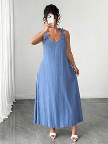 Elenzga Plus Size Women's Elegant Floral Textured Spaghetti Strap Maxi Dress,Blue Summer Tropical Tea Party Holiday, & Flattering Casual Party Gown - Dusty Blue - View 5