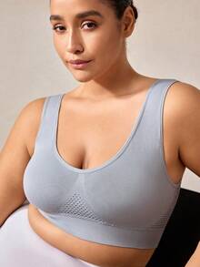 Veilyse 1pc Plus Size Women Breathable Mesh Hollow Out Wirefree Bra, Comfortable Lingerie - Grey - View 8