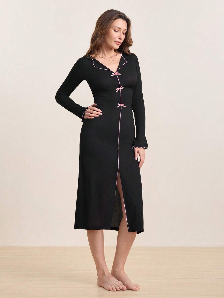 Hourtrue Women's Spring/Autumn Long Sleeve Dress, Sweet Bow Decor, Solid Color, Ribbed, Sexy Fitted V-Neck Flare Sleeve Maxi Dress, Comfortable For Indoor & Outdoor Wear - Black - View 1