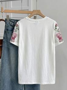 Divinelle Casual Minimalist Round Neck Short Sleeve Loose T-Shirt For Women, Floral Pattern, Suitable For Summer - Multicolor - View 3