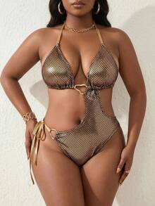 Slaydiva 2026 New Women's Spring/Summer Halter Metallic Sexy Plus Size One-Piece Swimsuit For Beach Gym - Gold - View 3