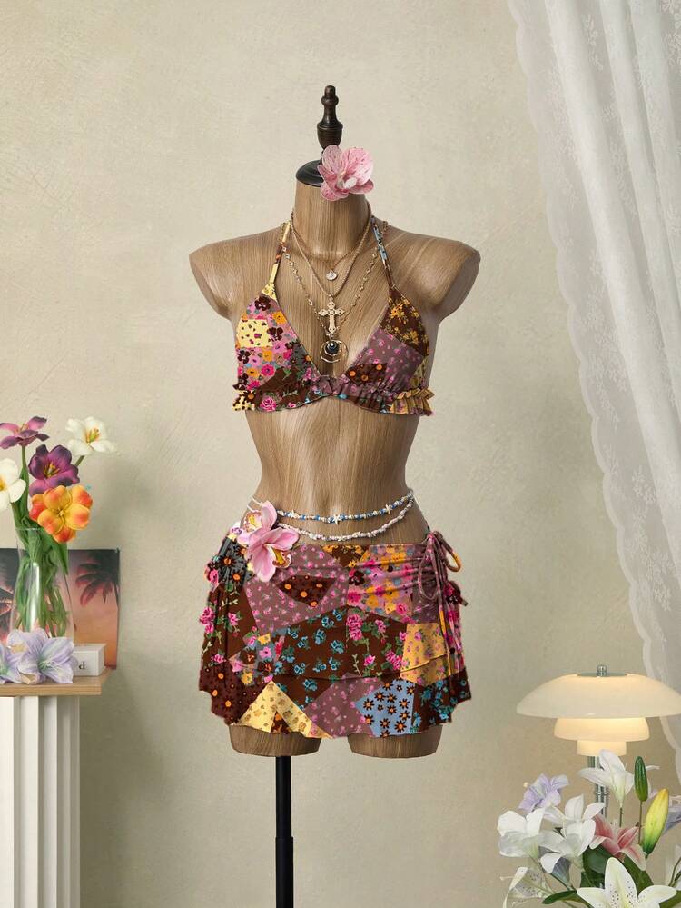 Swim Mod 夏季女款三件式多色拼接碎花蕾絲飾邊綁帶三角杯比基尼套裝，附抽繩抓皺迷你裙泳裝套裝 - 彩色 - 查看 7