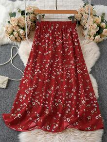 SHEIN LUNE 女款熟齡碎花印花高腰長裙 - 紅色 - 查看 1
