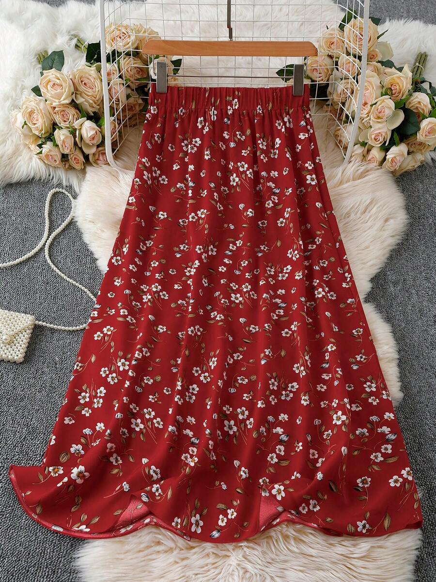 SHEIN LUNE 女款熟齡碎花印花高腰長裙 - 紅色 - 查看 1