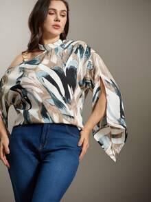 Flouryn Plus Size Women's Random Print Simple Daily Shirt One Shoulder Top Fall - Multicolor - View 5