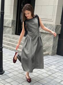 SHEIN 青少年女孩對比收腰長洋裝 休閒優雅時尚百搭 日常穿搭 適合典禮派對所有場合 新款女童洋裝 - 灰色 - 查看 6