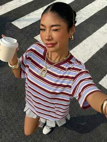 Muchica Oversized Streetwear Casual Minimalist Pattern Round Neck Short Sleeve Loose T-Shirt For Women Summer Top Vacation Burgundy - Multicolor - View 5