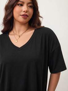 Enliva Plus Size Women's A-Line Contrast Color Lace Patchwork Hollow Casual T-Shirt, Spring/Summer, Suitable For Daily, Commuting, Dating, Vacation Wear - Black - View 6