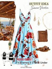 SHEIN PETITE CURVE Petite Plus Size Women's Casual Woven Long Sleeveless Elegant Spaghetti Strap Elegant Daily Beach Vacation Style Dress - Baby Blue - View 3