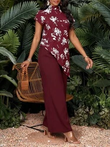 SHEIN Lady 女款立領短袖不對稱下擺休閒夏季兩件套 - 酒紅色 - 查看 5