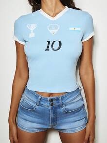 MISSGUIDED Argentina Inspired Tee Short Sleeve Crew Neck Light Blue Sports Jersey Style Crop Top With Number Print Vacation Summer Streetwear - Multicolor - View 1
