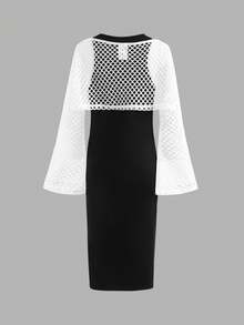 SHEIN Serisse Kids Tween 女童纯色针织窄肩修身长款休闲连衣裙 + 宽松网纱罩衫 2 件套，黑色，通勤，学院风，淑女，甜美酷炫少女，潮流街头服饰 - 黑色 - 查看 6