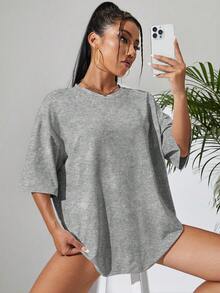 Sundraya Loose-Fitting, Drop-Shoulder, Solid Color T-Shirt - Light Gray 2 - View 5