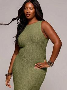 MUSERA Plus Size Textured Knit Fitted Midi Dress Spring Summer Elegant Vacation Holiday Evening Soul Ties Fall - Green - View 2