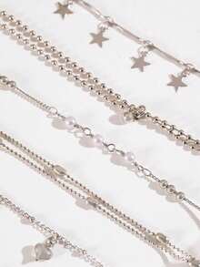 ROMWE Grunge Punk 6 Pieces Set Of Simple And Fashionable Alloy Five-Pointed Star Tassels Hollow Love Three-Dimensional Heart Tassel Bracelet Set Female Date Gift - Silver - View 4