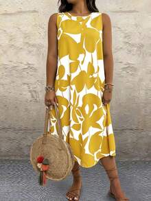 SHEIN LUNE CURVE Plus Size Round Neck Sleeveless All-Over Print Loose Casual Summer Dress - Yellow - View 3