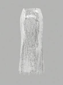 Arave 亮片流苏银鱼尾裙，个性派对服装，女士春夏长款正式裙，女士晚礼服裙，女士伴娘裙，女士晚会裙 - 銀色 - 查看 9