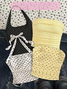 SHEIN Tween Girl Black And White Polka Dot,Summer,Cute,School Strapless Camisole Top,Hollow-Out Fabric Side Ruched Fitted Cropped Top,Spaghetti Strap Design - Yellow - View 4