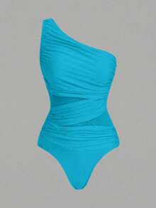Swim Oasis One-Piece Swimsuit With Solid Color Ruched Mesh Panel And Sarong Skirt - Blue - View 7