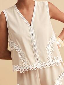 Travachic Women's Vacation Outfits Water-Soluble Lace Patchwork Front Button Camisole And Shorts 2 Pieces Set Holiday Country Clothing Beach Beige Summer Boho - Apricot - View 6